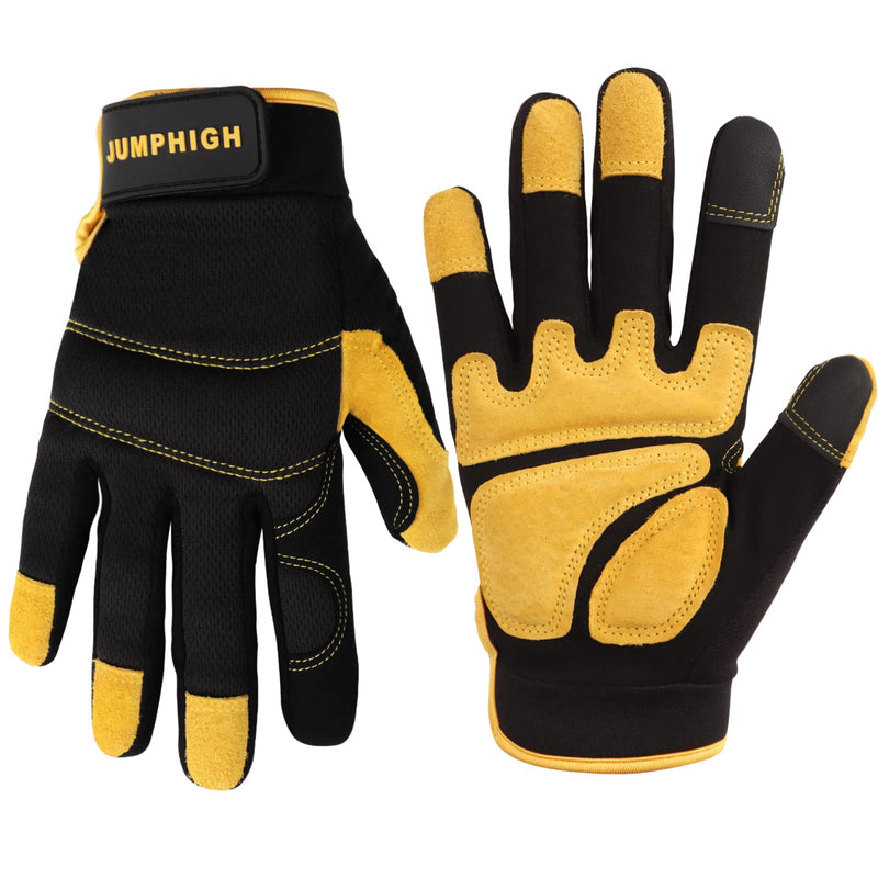 JUMPHIGH Mens Work Gloves, Synthetic Leather Mechanic Gloves Utility Gloves, Touchscreen Working Gloves for Multipurpose, Construction, Warehouse, Truck Driving(Yellow/L) Large Yellow
