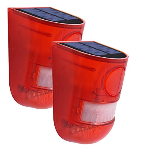 2 Solar with Sound Strobe Light, Wall Mounted Outdoor Motion Red Sensor Alarm, 4 Modes of Motion Sensor, Alarm 129dB for Home Fence Farm Yard Garage Barn
