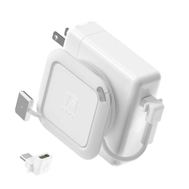 Fuse Reel The Side Kick Collapsible Charger Organizer With USB-C Right Angle Adapter Compatible with MacBook and PC charging cords and adapter cable management best computer winder (White w/Adapter) White W/ Adapter