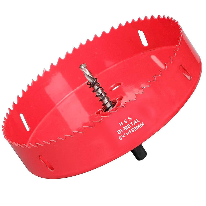 6 1/4 Hole Saw, 159mm HSS Bi-Metal Hole Saw, 6.25 Inch Hole Saw for Recessed Lights, 32mm Cutting Depth Hole Cutter with Arbor Mandrel for Metal, Wood Boards, Drywall and Plastic, Red 6-1/4 Inch