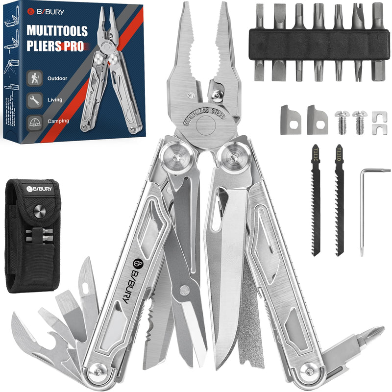 BIBURY Multitool Pliers, Stainless Steel Multi Tool Pliers with Replaceable Wire Cutters and Saw, Foldable Multitools with Scissors and Screwdriver, Ideal for Camping, Hiking, Survival, Repair Silver