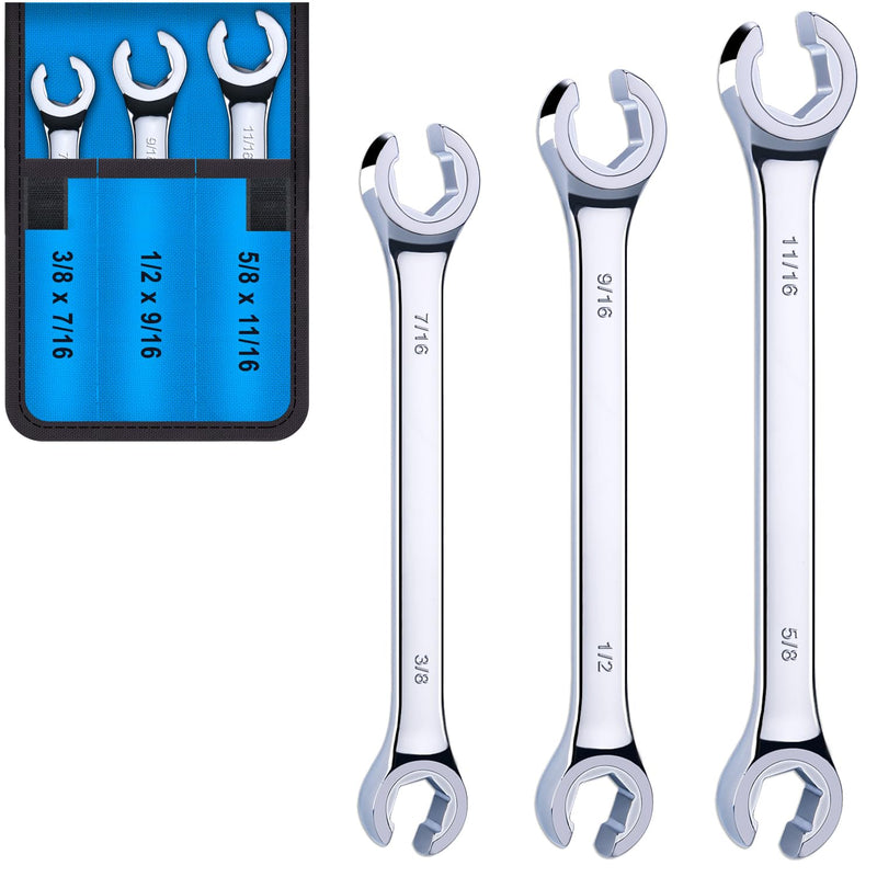 3-Piece Premium Double-End SAE Flare Nut Wrench Set, Size 3/8”, 7/16”, 1/2”, 9/16”, 5/8”, 11/16” | Cr-V Steel, 6-Point Head, 15° Offset | Perfect Line Wrench for Fuel, Brake, Air Conditioning and More SAE Set, 3-Piece