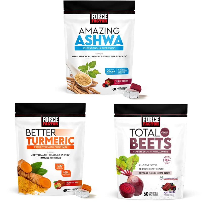 Force Factor Amazing Ashwa for Stress Relief + Better Turmeric Joint Support + Total Beets Heart-Healthy Energy Soft Chews (60 Chews Each) - PawsPlanet Australia