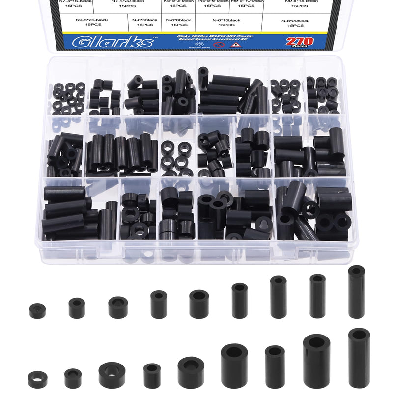 Glarks 270Pcs Nylon Round Spacer Assortment Kit for M3 M4 M5 M6 Screws, Electrical Outlet Screws Spacers, Black ABS Round Washers Hardware Spacer Bracket for Electrical Screws Switch and Receptacle M3 M4 M5 M6 (Black)