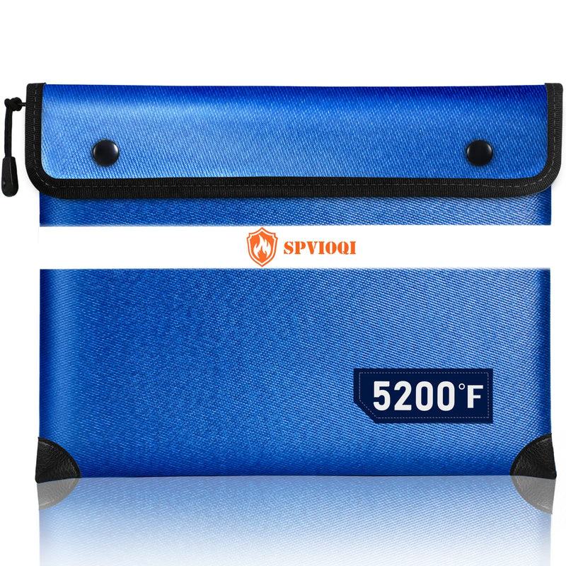 Upgraded Fireproof Document Bag - 5200F Heat Insulated, 14.2"x11" Fireproof Money Bag with 8 Layers of Functional Materials, Water & Fire Proof with Zipper/Metal Snap/Reflective Strip Blue Large Size