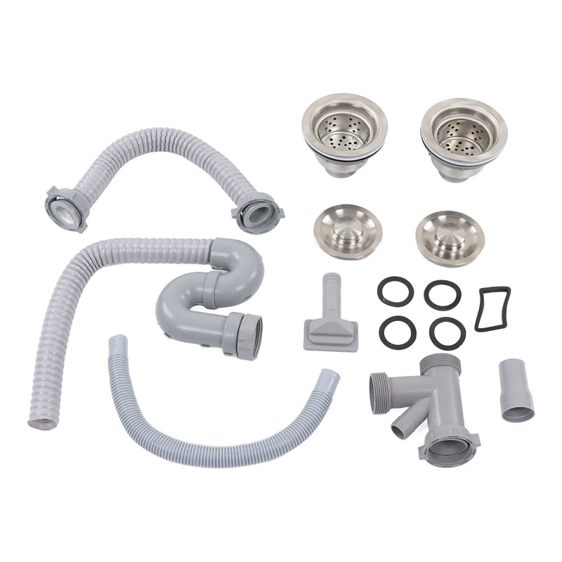 BORDSTRACT Kitchen Sink Drainer Pipe, Stainless Steel Sink Drain Kit, Flexible Drain Assembly With Double Drains Sewer Universal Pipe for Restaurant Home