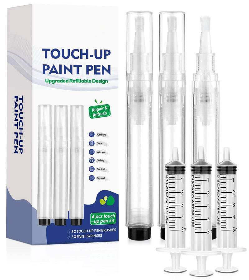 Fillable Touch Up Paint Pen Brush, 3 Pcs Paint Pen for Wall Touch Up, Refillable Paint Pens for Walls, Wood Floors, Cabinets, Windows, Doors (6 Pcs(Pack of 1)) 6 Pcs(Pack of 1)