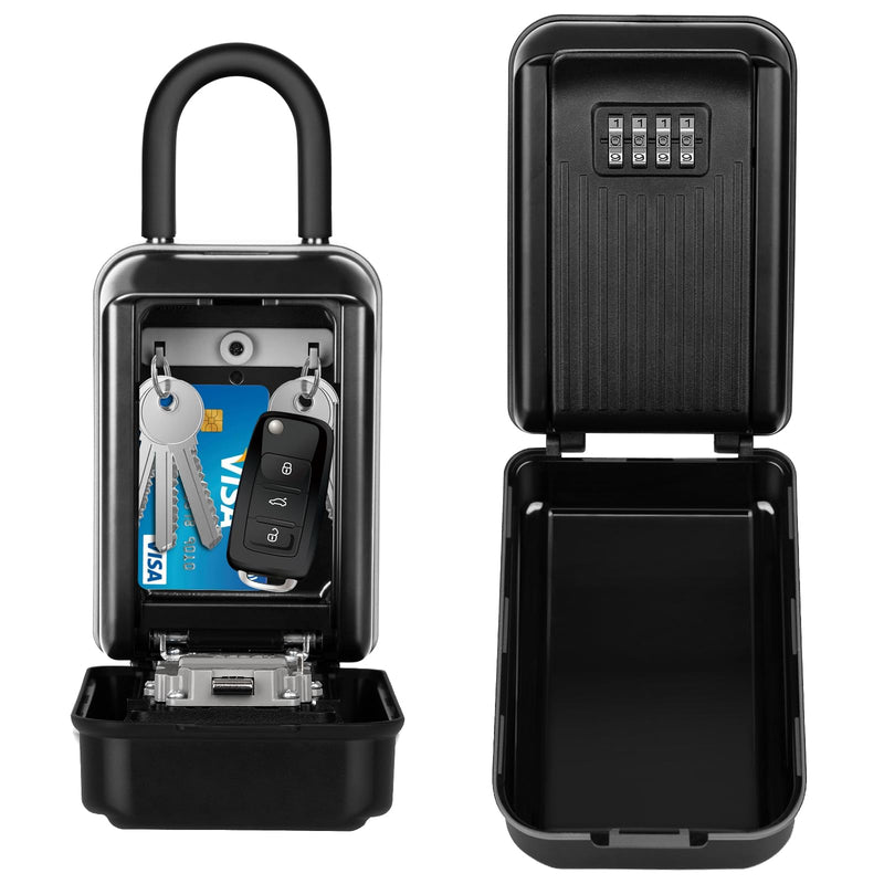 HUANLANG Key Lockbox for Outside,Spare Key Lock Box for Door Handle Waterproof 4 Digit Combination Resettable Code,Upgraded Large Capacity Heavy Duty Lockbox for House Keys, Car Keys, ID Cards Hang Ring-Black