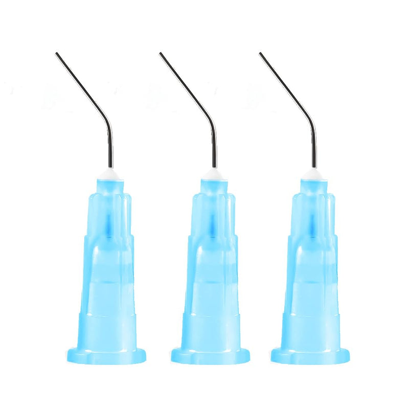 JMU 100Pcs Bent Dispensing Tips 25g, Blunt Tip Dispensing Needle, Dental Pre Bent Flow Dispensing Etch Tips, Disposable Oral Irrigation Needle Tips, Light Blue 100