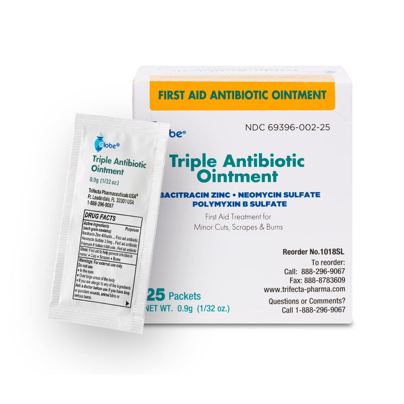 Globe (25 Pack Triple Antibiotic Ointment Single Packet, First Aid Kit for Minor Scratches, Wounds, Cuts, and Burns, Prevents Infection, Active Ingredients Compare to Leading Brand, Travel Size, 0.9g