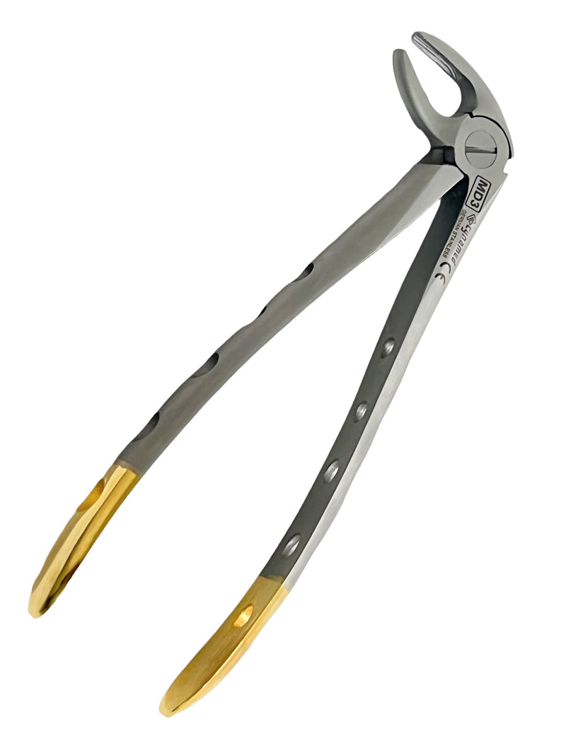 Dental Extracting Extraction Serrated Forceps Mead MD3, for Lower Bicuspid, Lower Cuspid, Lower Incisor, Lower Root, Premium Quality Gold Handle, Stainless Steel