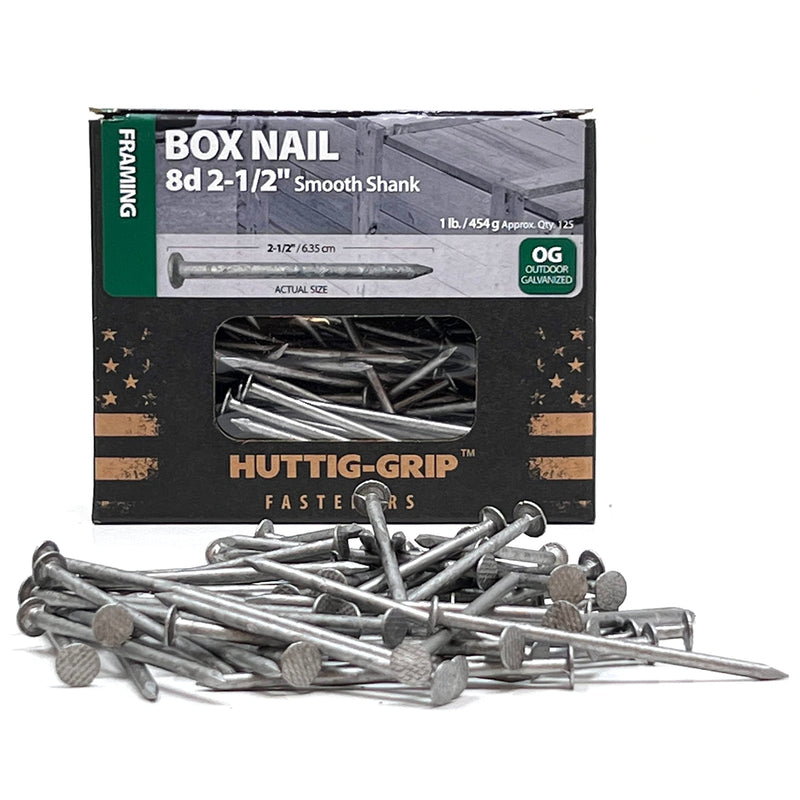 Huttig-Grip 2-1/2 in Framing Box Nails 8d Size, Outdoor Galvanized Finish, 1 lb Pack of 125 Nails 2-1/2 in - 1 lb Pack