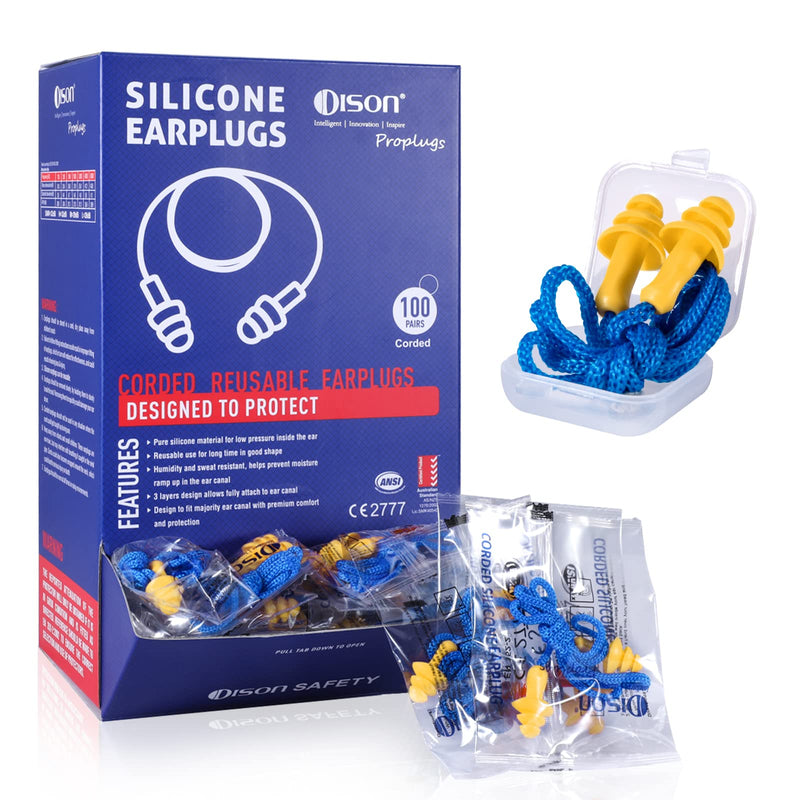 Dison 100Pairs Silicone Ear Plugs, 32dB Corded Reusable Earplugs for Hearing Protection, Noise Reduction for Shooting Range, Work, Travel Yellow