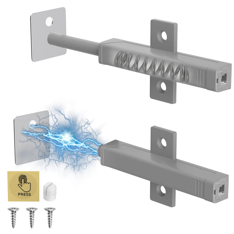Push Touch Latch, Jiayi Push to Open Cabinet Latch 2 Pack Heavy Duty Door Spring Magnet On Close Push Catches Magnetic Push Out Latch for RV Hidden Barn Kitchen Doors Drawer Gray