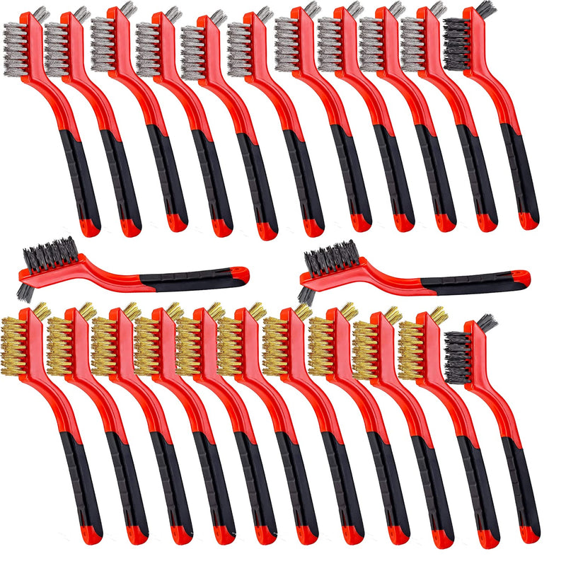 Wire Scratch Brush Set Soft Grip for Rust, Dirt & Paint Scrubbing with Deep Cleaning (24, 24PCS - 10PCS Stainless Steel Wire 10PCS Brass Wire and 4PCS Nylon Wire) 24