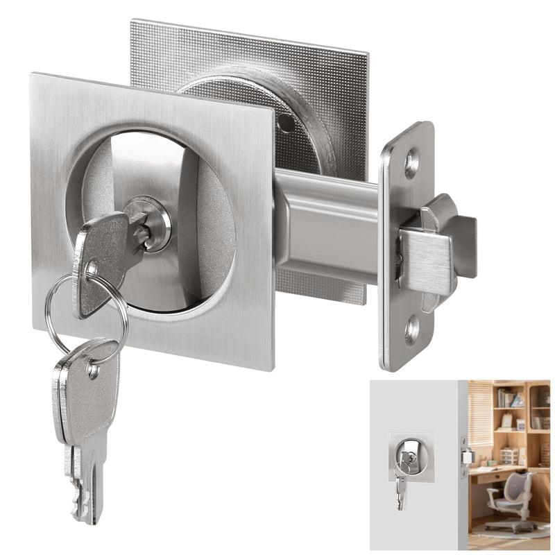 Square Pocket Door Lock, Satin Nickel Pocket Door Hardware, Sliding Pocket Door Lock with Key, Flush Pocket Door Latch for Bed/Bath Square Entrance