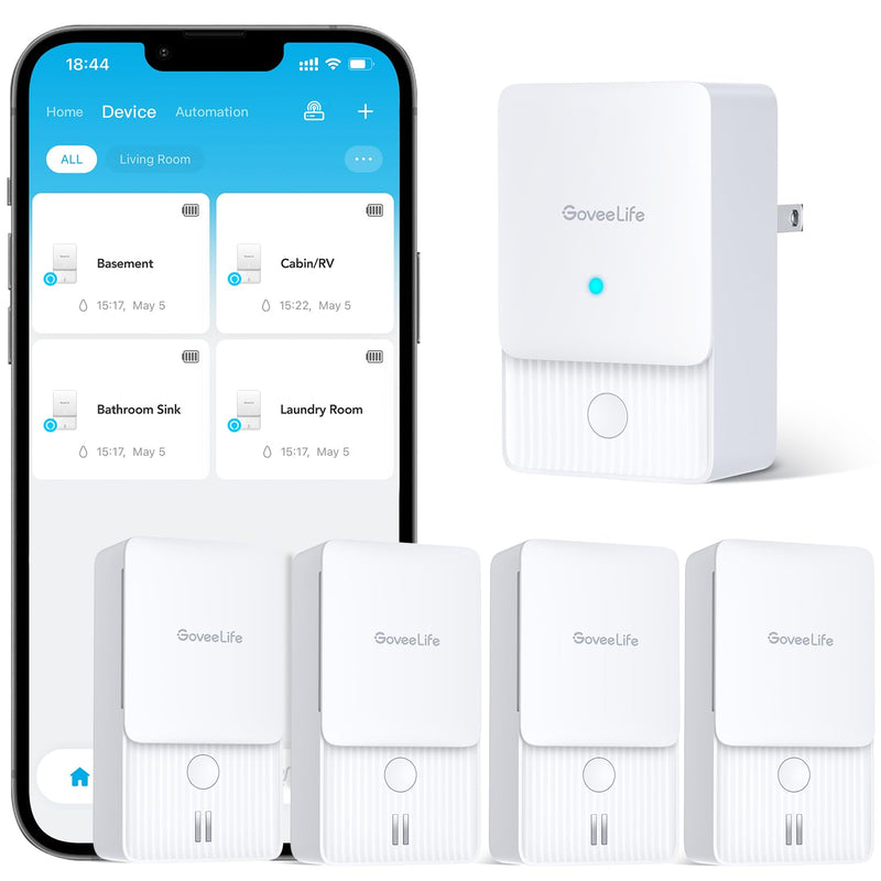 GoveeLife WiFi Water Ieak Detector 2 for Home, Smart Water Ieak Sensor 4 Pack with 100dB Adjustable Alarm and App Alerts, Wireless Detector with 1312 ft Transmission for Basement, Kitchen, Bathroom 1 gateway + 4 sensor