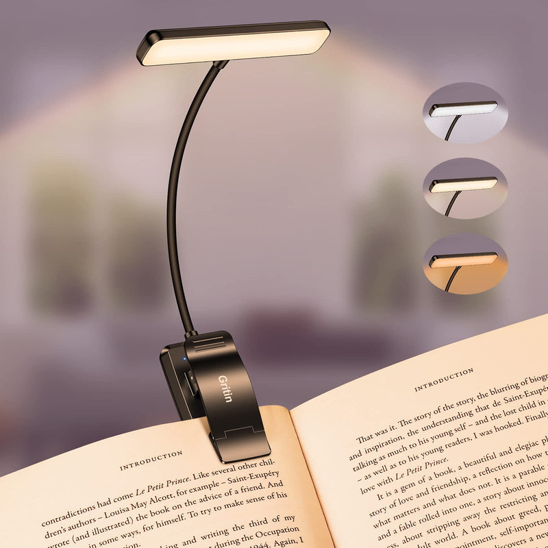 Gritin 19 LED Rechargeable Book Light for Reading in Bed with Memory Function- Eye Caring 3 Color Temperatures,Stepless Dimming Brightness,80 Hrs Runtime Lightweight Clip On Light for Book Lovers Black