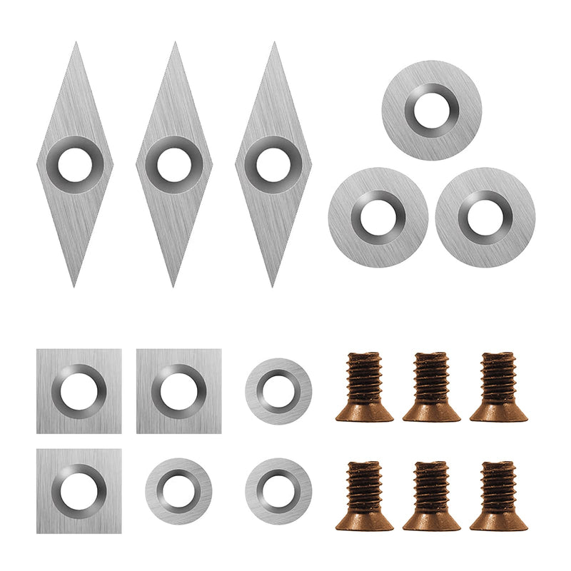 18 Pieces Tungsten Carbide Cutters Inserts Set for Wood Lathe Turning Tools Include 11 mm Square with Radius, 12 mm and 8.9 mm Round, 30 x 10 mm Diamond with Pointed Point,6 Pieces screws.