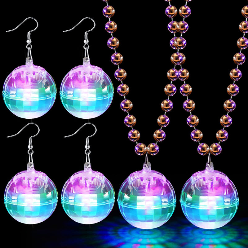 Sasylvia 2 Pcs LED Disco Ball Necklaces Light up Disco Party 70s Necklace And 2 Pairs Light up Disco Ball Earrings Sets for Birthday Disco Party Favor Halloween Christmas Gifts(Multicolor)
