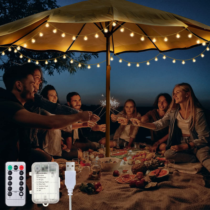 Enhon Patio Umbrella String Lights, Shatterproof Globe LED String Lights with Remote Control, 8 Lighting Modes, Battery/USB Powered, Waterproof Hanging Light Decorate for Patio Warm White