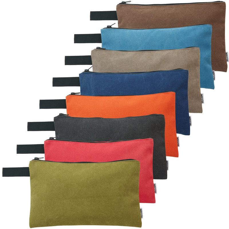 8 Pack Canvas Tool Pouch with Zipper,Upgrade 16 oz Heavy Duty Small Tool Bag,Multipurpose Organizer Utility Tool Bag,for Tools,Office Supplies,Cosmetics,Stationary Black, Grey, Dark Blue, Green,Light Blue, Red, Orange, Brown