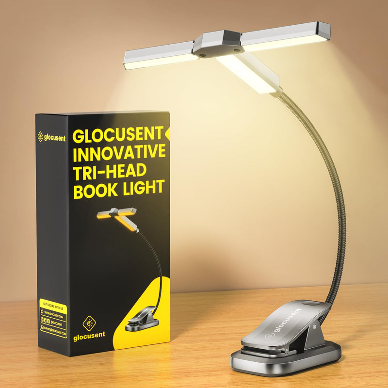 Glocusent Innovative Tri-Head Book Light for Reading in Bed, 3 Colors & 5 Brightness Levels, 1000mAh Rechargeable, with 30-Min Timer, 10-100Hrs, Partner Friendly, Perfect for Book Lovers Gray