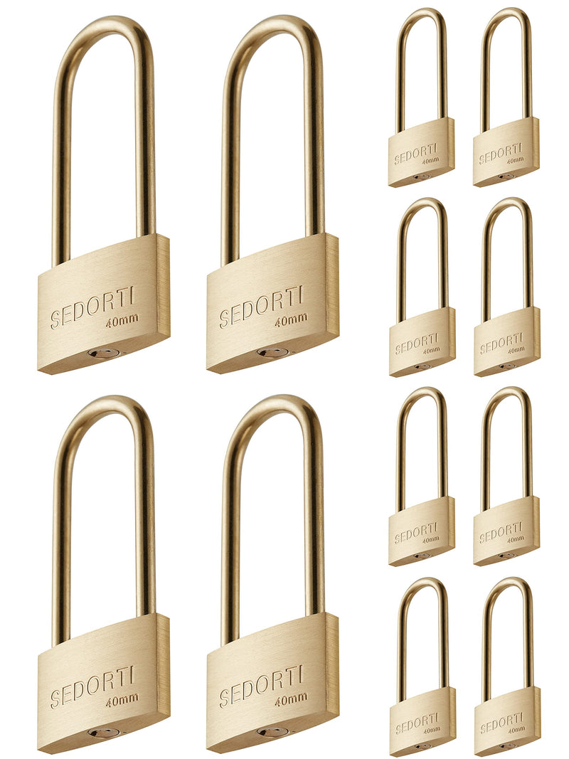 Weather Proof Lock, Keyed Alike Solid Brass Padlocks with Long Brass Shackle, Light Duty, 1-1/2" Wide Body, Marine Padlock, Anti Rust Lock, 12 Pack 12 Pcs Keyed Alike