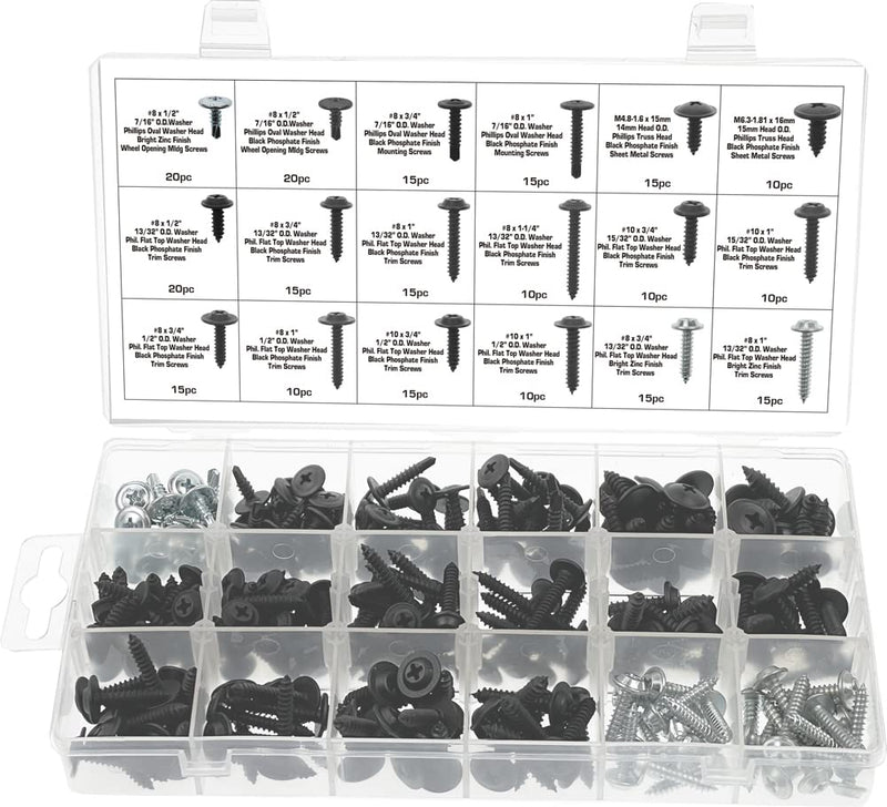 Swordfish 32750-255pc Phillips Trim Screw Self Tapping Self Drilling Tek Screw Washer Head Screw Assortment