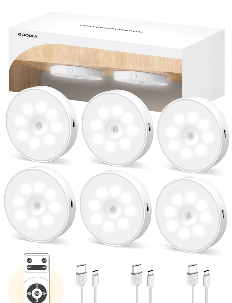 Led Under Cabinet Lights, Motion Sensor Rechargeable Light, 1000mAh Puck Lights with IR Remote, Under Counter Lights for Kitchen,cabinets,Closet,Stairs Indoor (6 Pack) Cold White 6 PACK