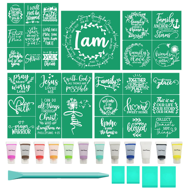 JAJADO Faith Religious Inspirational Silk Screen Stencils Chalk Paste Sample Starter Kit 22 Pcs, Adhesive Reusable Screen Print Stencils Chalk Paint for Crafts on Wood/Fabric/Mug Home Decor 22 pcs chalk paste sample starter kit