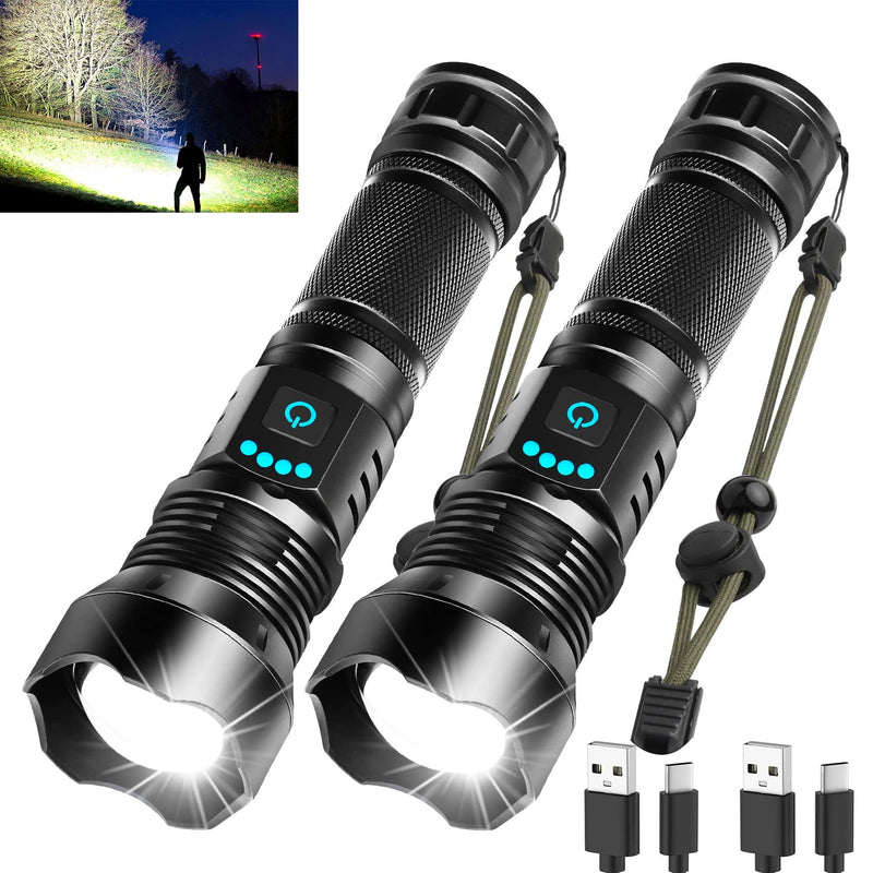 Foleto Rechargeable LED Flashlights High Lumens,Super Bright Flashlight, Powerful Tactical Handheld Flash Light, 5 Modes Zoomable Waterproof Flash Lights for Camping, Emergency 2 pack