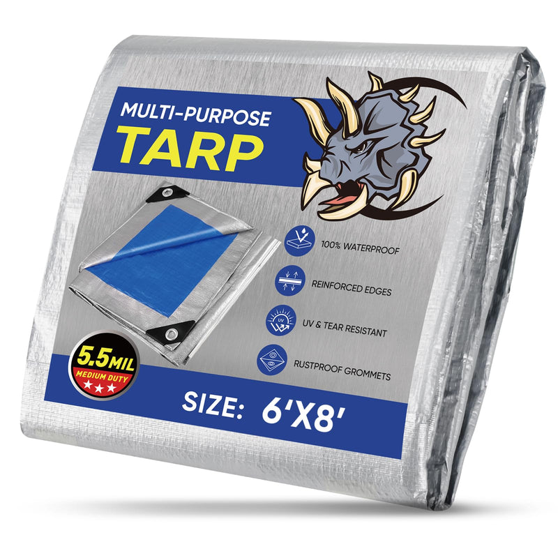 TICONN Heavy Duty Tarp Cover, Extra Thick Tarps Waterproof Tear and Rip Proof UV Resistant Tarpaulin with Reinforced Grommets and Edges (5.5 Mil, 6'x8') 5.5 Mil PE 6'x8'