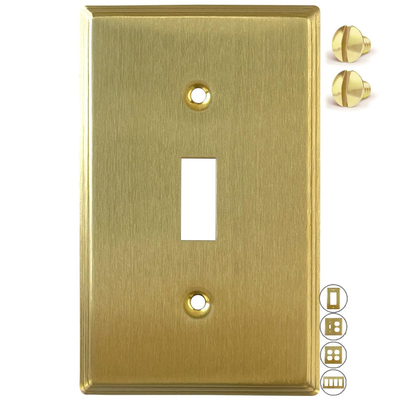 Rio Salto BRASS Modern Metal Gold Toggle Light Switch Covers Wall Plate Single Toggle Switch Wallplate Decorative Gold 1 Gang Wall Switch Plate Covers Genuine Brushed Brass Standard Size Toggle Switch 1-Gang (1-Pack)