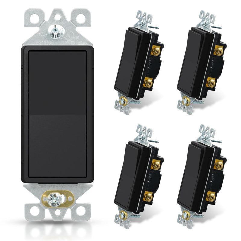 ELEGRP Matte Black Single Pole Decorator Light Switch, 15Amp, 120/277V, Decorative Paddle Rocker Switch Replacement, On/Off Wall Switch, Self-Grounding, Residential/Commercial Grade, UL/CUL (5 Pack) Without Wall Plate 5