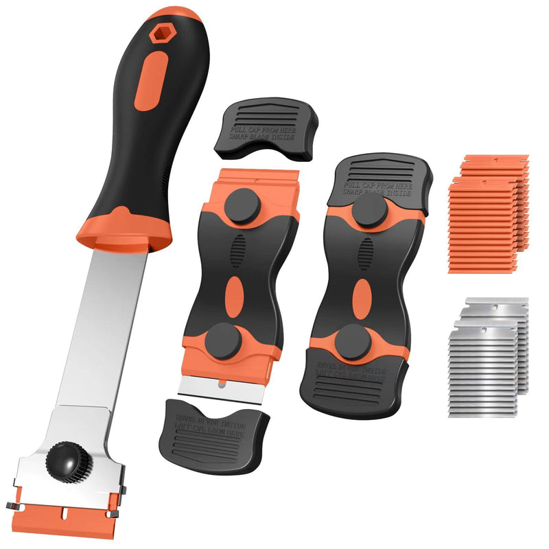 3 Pack Razor Blade Scraper Set, Includes 30 Plastic & 30 Metal Blades, Multi-Purpose Tool for Glass, Cooktop, Sticker Removal, Paint & Gum Cleaning (Orange) Orange
