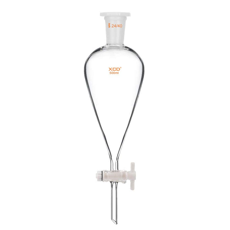 XCD Borosilicate Glass Heavy-Wall Conical Lab Separatory Funnel with 24/40 Joints and PTFE Stopcock, 500 ml 500.0 milliliters Oval 1 XCD-Sep-Funnel-24/40-1PK