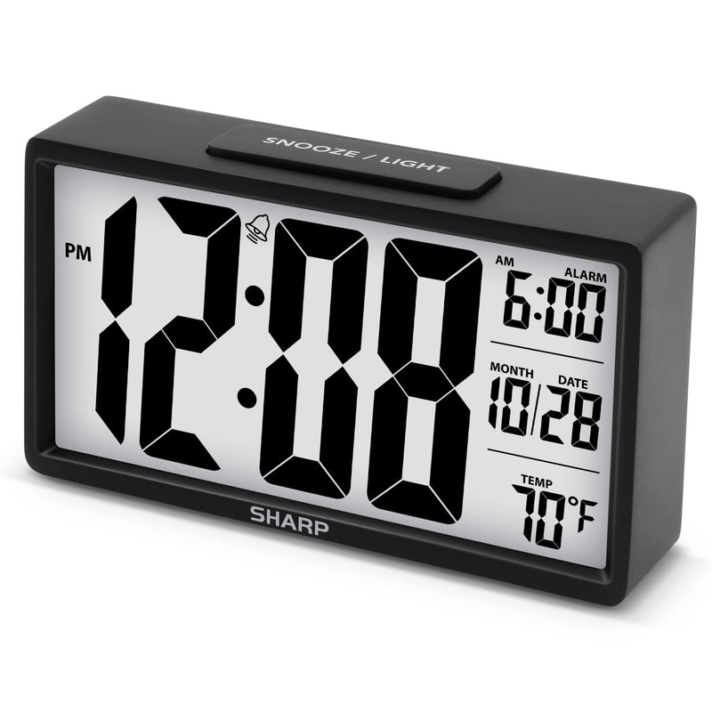 SHARP Alarm Clock with Easy to Read 2.8” Jumbo Screen with Indoor Temperature, Nightlight, Calendar, Battery Operated Digital Clock for Bedrooms or Travel, Black - NewNest Australia