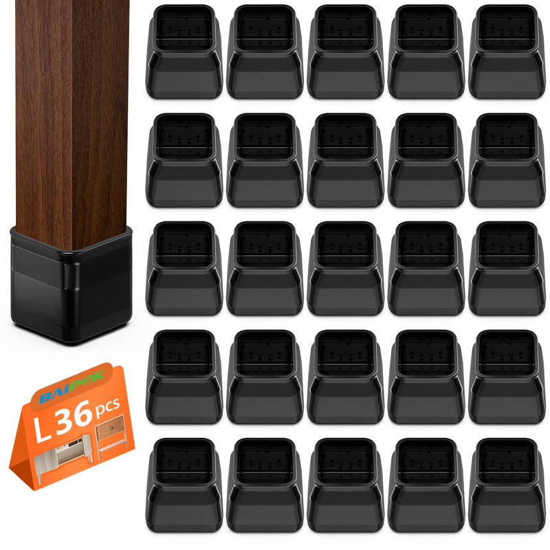 BAIPOK 36Pcs Square Chair Leg Floor Protectors, Silicone Chair Leg Protectors for Hardwood Floors, Felt Furniture Leg Cover Pad for Protecting Floors from Scratches and Noise, Black, Easy to Install Square L (1.25'' -1.60'') Black-36pcs