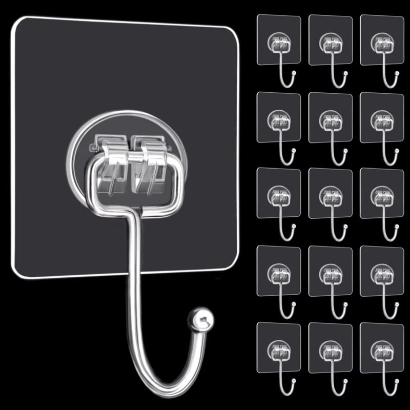 DKHDBD Large Adhesive Hooks, 16-Pack Hold 44lb(Max) Heavy Duty Sticky Hooks, Waterproof Transparent Hooks for Hanging, Self-Adhesive Traceless Clear Wall Hooks to Use for Keys Robe & Towel
