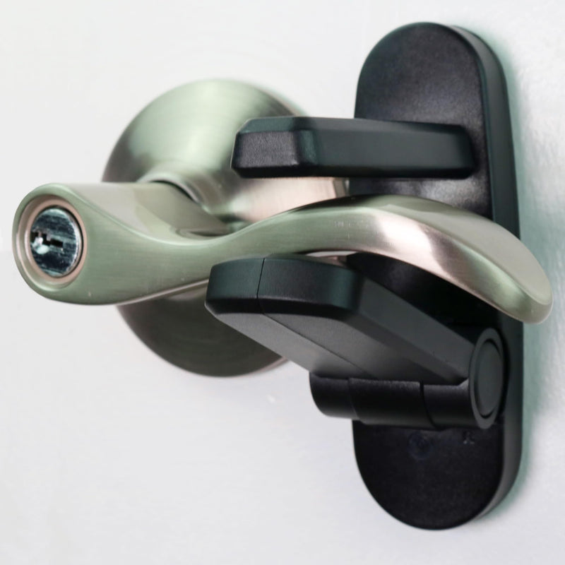 Door Lever Lock (2 Pack) Prevents Toddlers From Opening Doors. 3.25" L * 1.5" W * 4.5" H Easy One Hand Operation for Adults. Durable ABS with 3M Adhesive Backing. Simple Install, Black 2