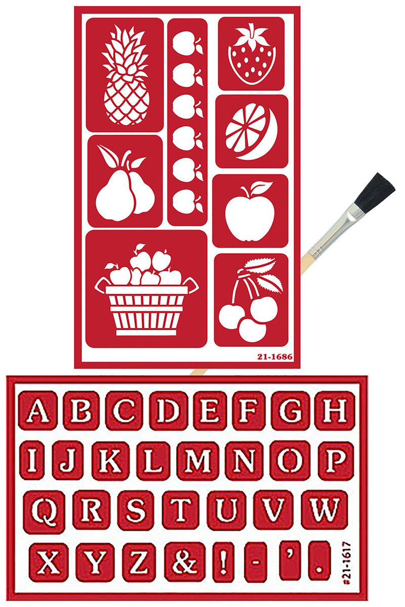 2 Reusable Glass Etching Stencils - Fruit and Alphabet Stencil - Letters and Food Theme Design Self Stick Etch Template - Set with Brush