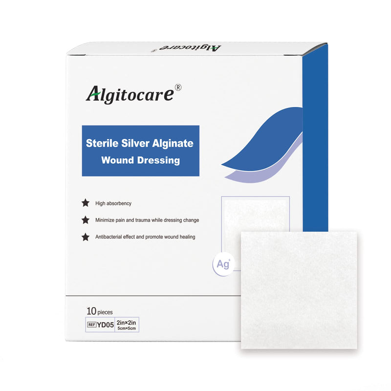 Ag Silver Calcium Alginate Wound Dressing - 2"x2"(Pack of 10), Non-Stick Sterile Gauze Pads for Accelerating Wound Healing, High Absorbency and Soft for Wound Care Supplies 2"x2"/10pcs Silver Alginate