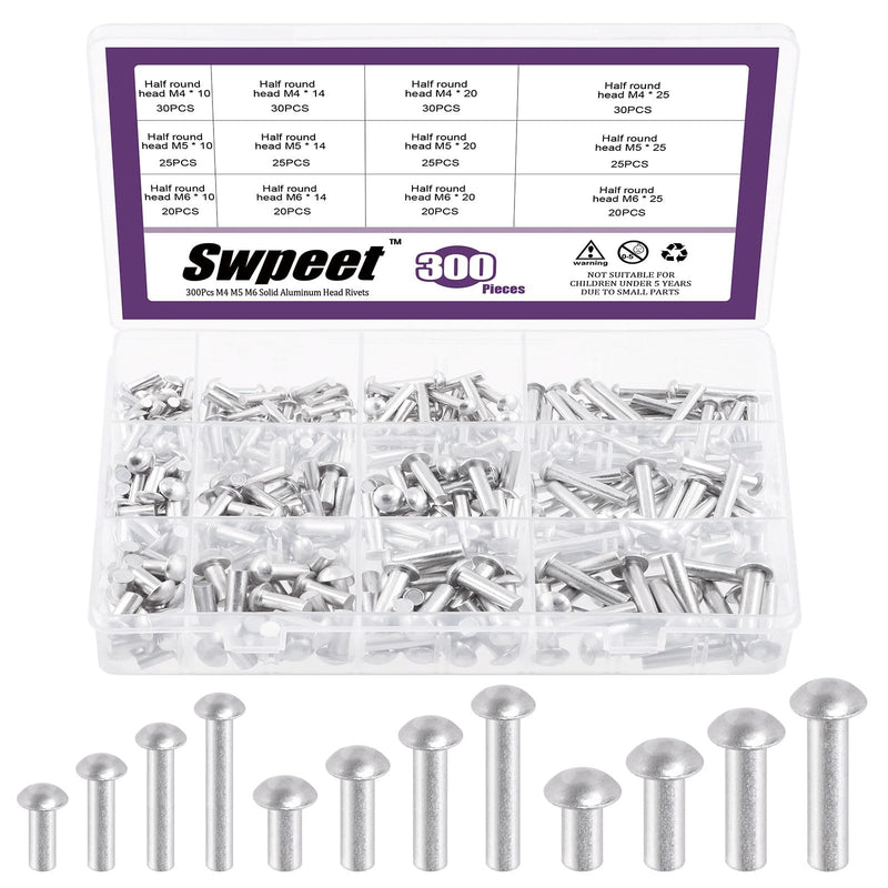 Swpeet 300 Pack M4 M5 M6 × 10mm 14mm 20mm 25mm Solid Aluminum Brazier Head Rivets, Aluminum Rivet, Plain Finish, Universal Head, High Corrosion Resistance for Repairing Boats, Aircraft, Making Armor