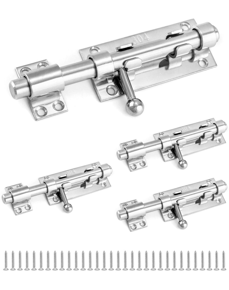 QWORK Sliding Bolt Gate Latch, 4 Pack 6.3" Heavy Duty 304 Stainless Steel Safety Barrel Bolt Door Latches with Padlock Hole and Mounting Screws for Doors, Cabinets, Refrigerators