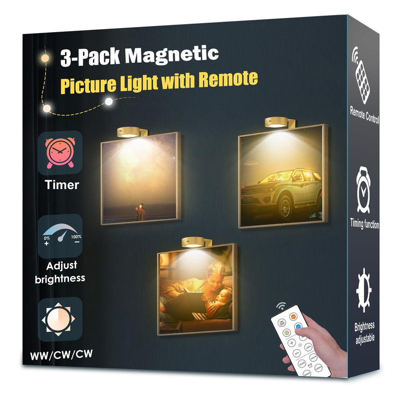 3-Pack Picture Light Battery Operated, Magnetic Led Lights with Remote, Dimmable and Timer Painting Light, Art Display Light for Picture Frame Artworking Portrait, Home Wall Decor Puck Lights, Gold 3-Pack