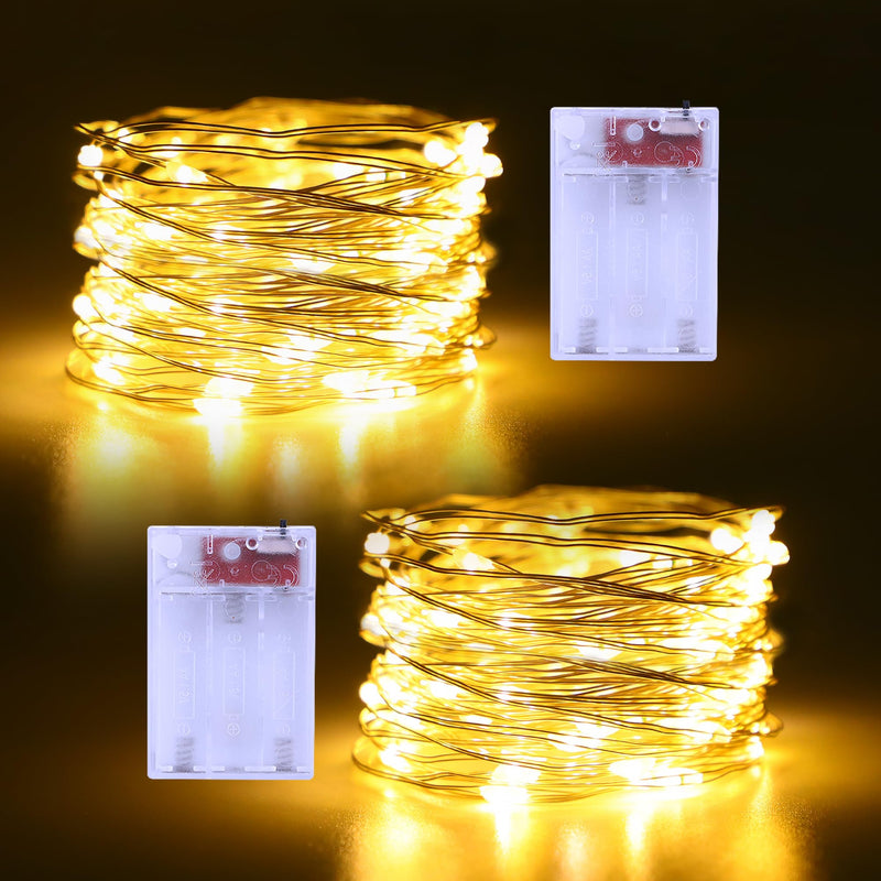 Fairy Lights Battery Operated 2 Pack 16.4Ft 50 LEDs Silver Copper Wire Twinkle String Lights with 2 Lighting Modes for Christmas Bedroom Wedding Parties Holiday Decorations (Warm White) Warm White