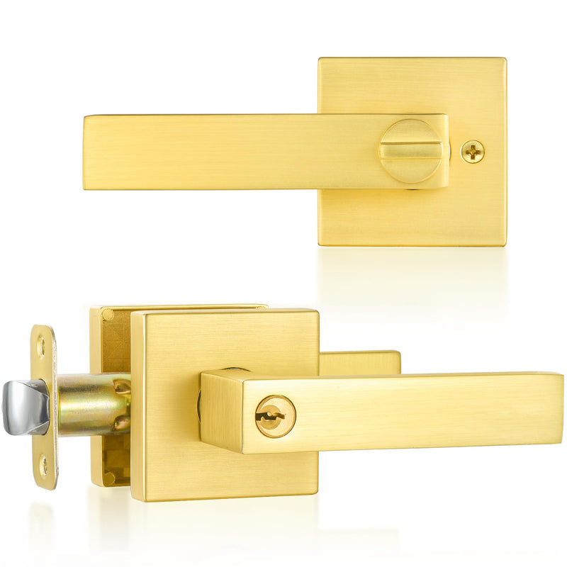 Gold Door Handles Door Knobs with Lock,Satin Brass Door Lever Keyed Front Entry Door Handle Interior/Exterior (1 Pack) Entry - 1 Pack - Not Keyed Alike Satin Brass