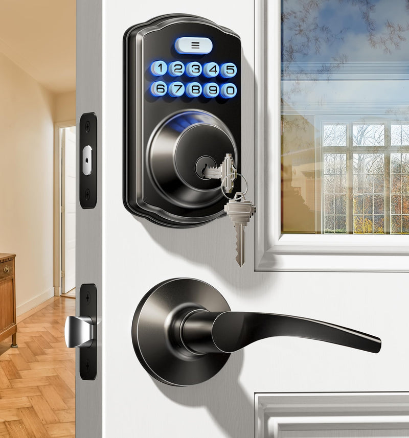 Veise Keyless Entry Door Lock with 2 Lever Handles - Electronic Keypad Deadbolt, Easy Installation Digital Smart Front Door Lock Set, Matte Black Door Lever