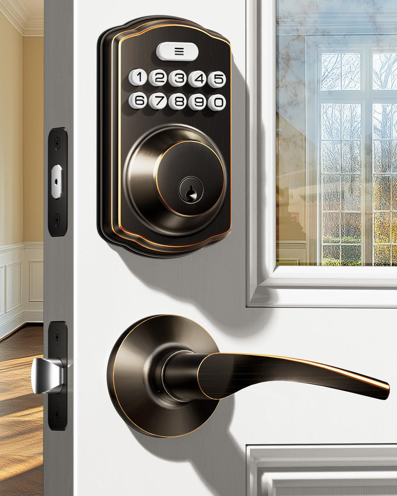 Veise Keyless Entry Door Lock with 2 Lever Handles - Electronic Keypad Deadbolt, Easy Installation Digital Smart Front Door Lock Set, Oil Rubbed Bronze Door Lever